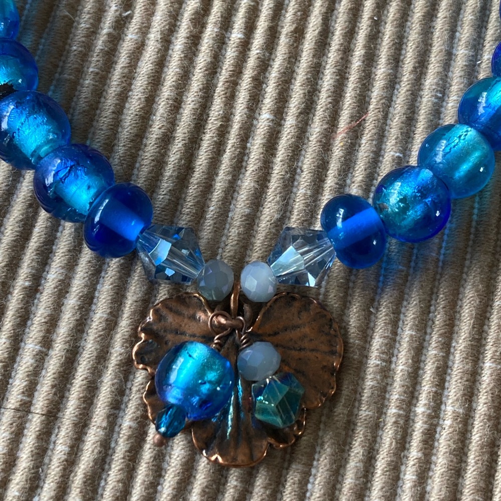 NWT Aqua & Royal Blue Lampwork Glass Swarovski Crystal Necklace w Copper Leaf